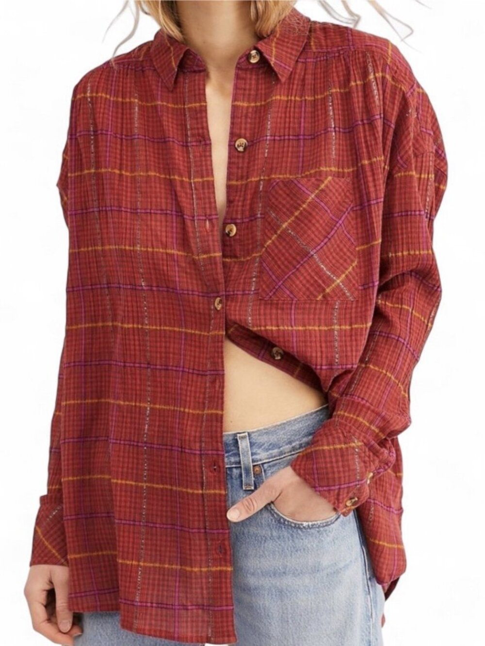 Free People Break My Stride Button Down Shirt Plaid Autumn Red Cozy Flannel Top